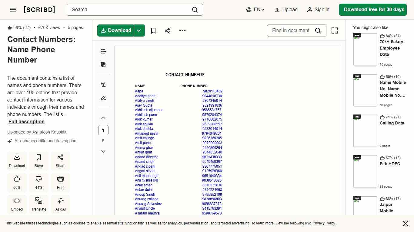 Contact Numbers: Name Phone Number PDF